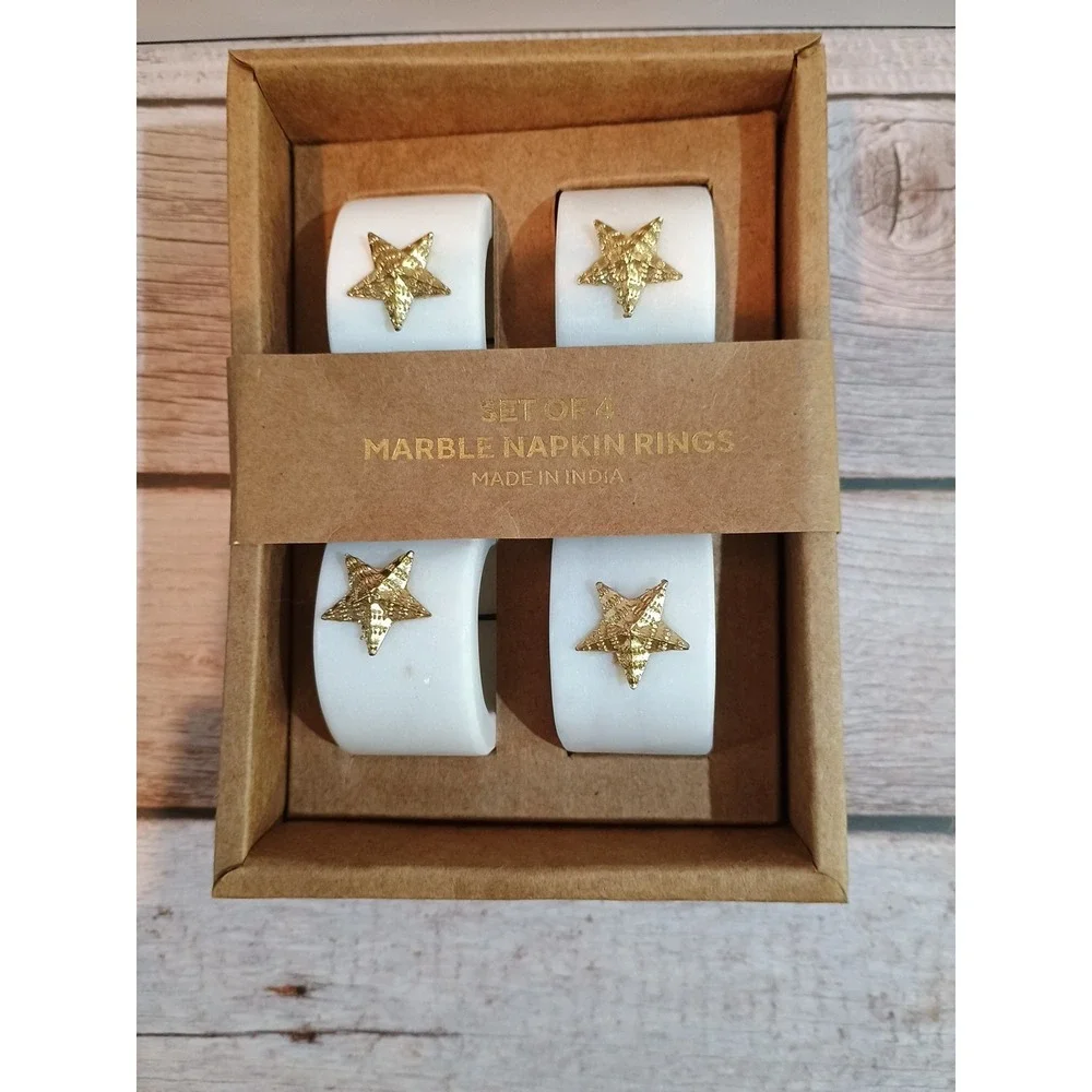 New Premium Set Of 4 Marble Napkin Rings Gold‎ Star Embellishments Made In India